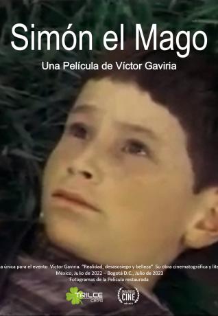 Afiche de Simón el Mago. Un niño de 10 años acostado sobre el pasto mirando hacia arriba.